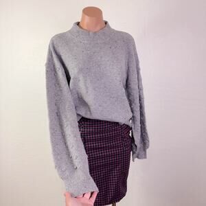 Cece Textured Dot Knit Balloon Sleeve Mock Crewneck Sweater Cute Gray sz XL NWT